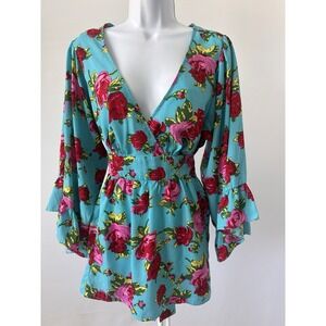 Betsey Johnson Sz: XL Turquoise Floral Rose Cottagecore Punk Babydoll Wrap (b59)